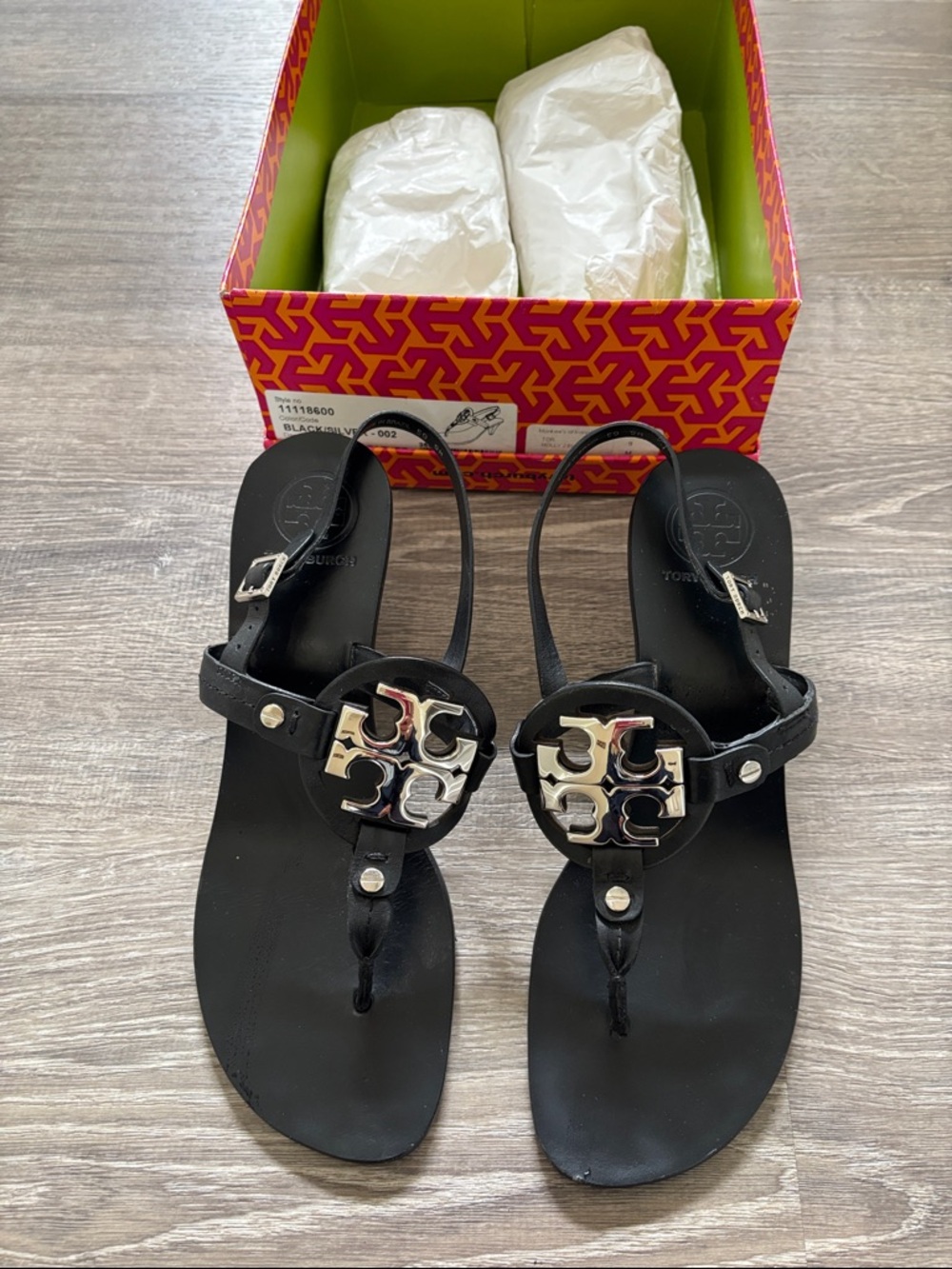 Tory Burch Black Leather Logo Thong Sandals with Silver Logo
